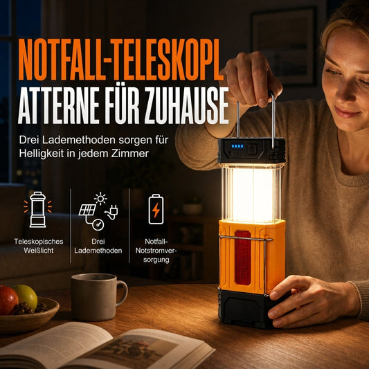 Tragbare Campinglampe mit Solar- und Handkurbelantrieb, Teleskop-Notfallleuchte für Outdoor-Camping
